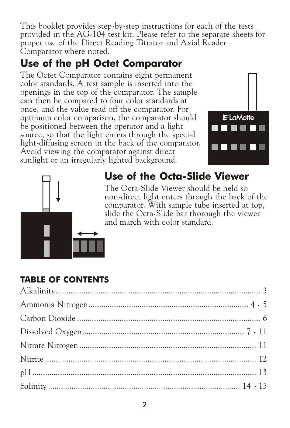 Use of the ph oc tet com para tor, Use of the octa-slide viewer | LaMotte AG-104 Salt Water Aquarium User Manual | Page 2 / 16