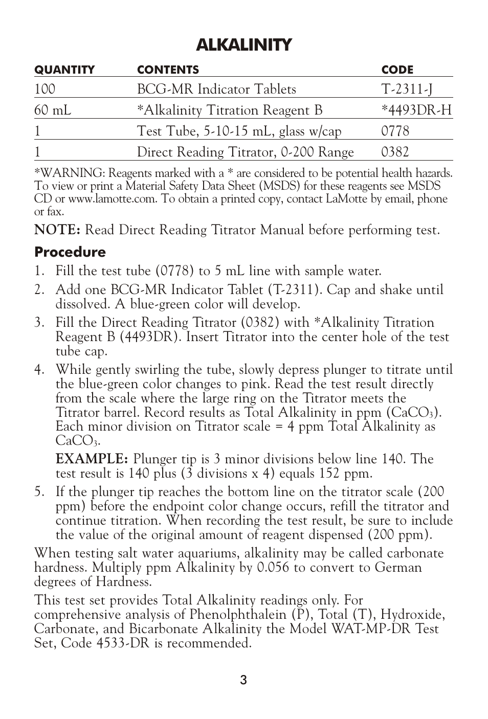 Alkalinity | LaMotte AG-104 Salt Water Aquarium User Manual | Page 3 / 16