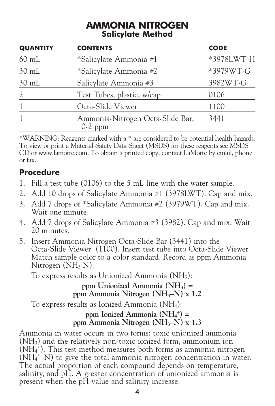 Ammonia nitrogen | LaMotte AG-104 Salt Water Aquarium User Manual | Page 4 / 16