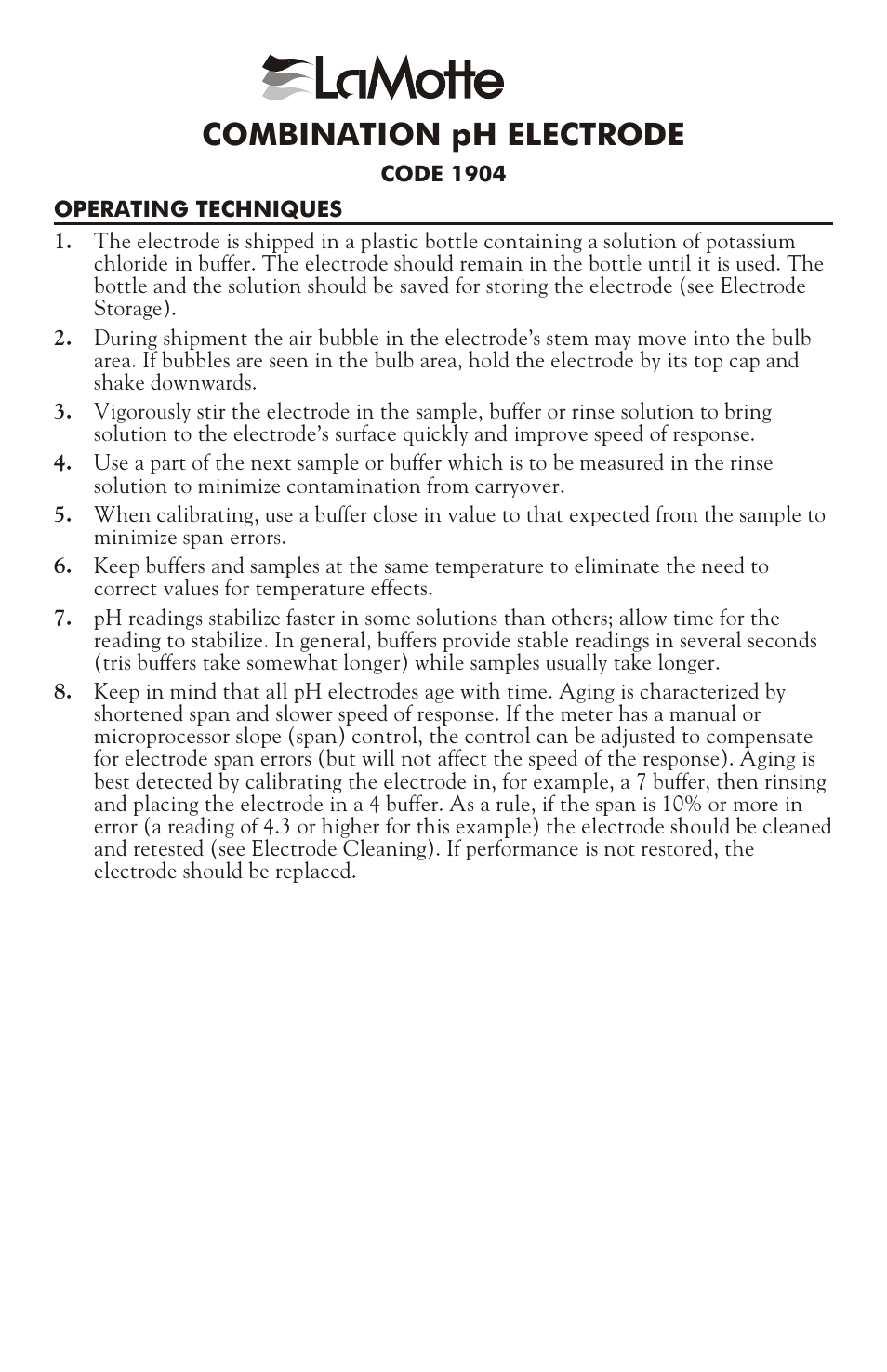 LaMotte COMBINATION pH ELECTRODE 1904 User Manual | 2 pages