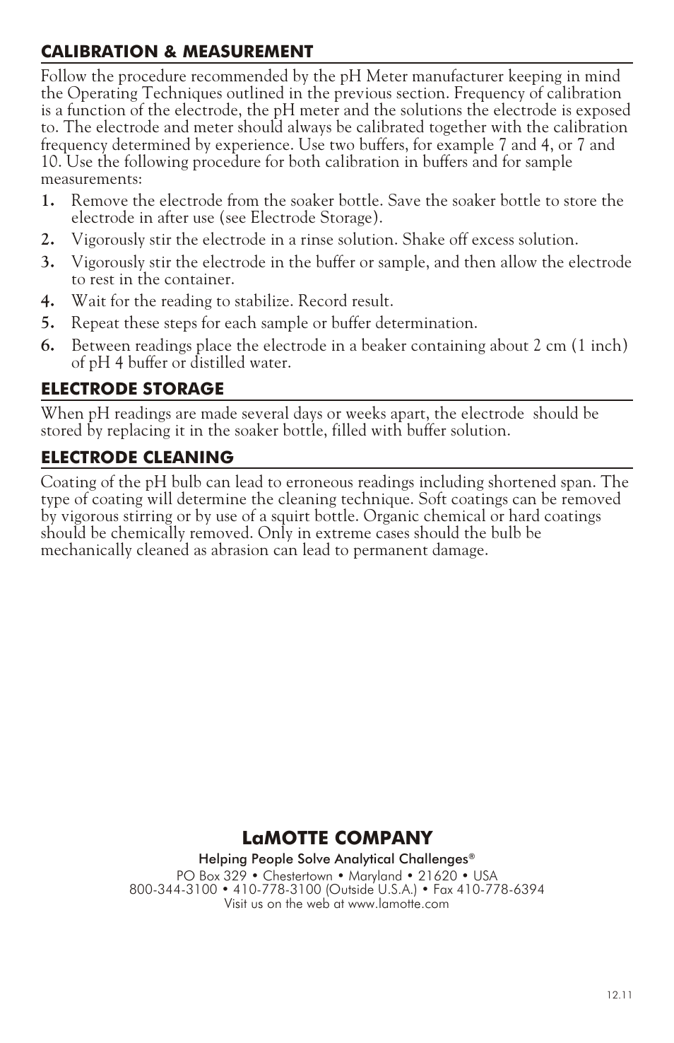 Lamotte company | LaMotte COMBINATION pH ELECTRODE 1904 User Manual | Page 2 / 2