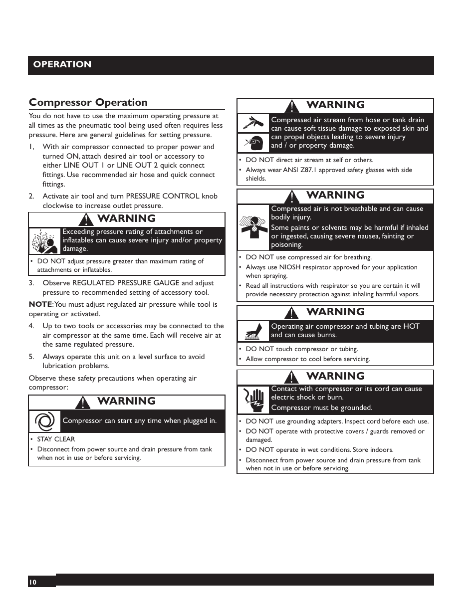 Compressor operation, Warning | Briggs & Stratton 074001 User Manual | Page 10 / 56