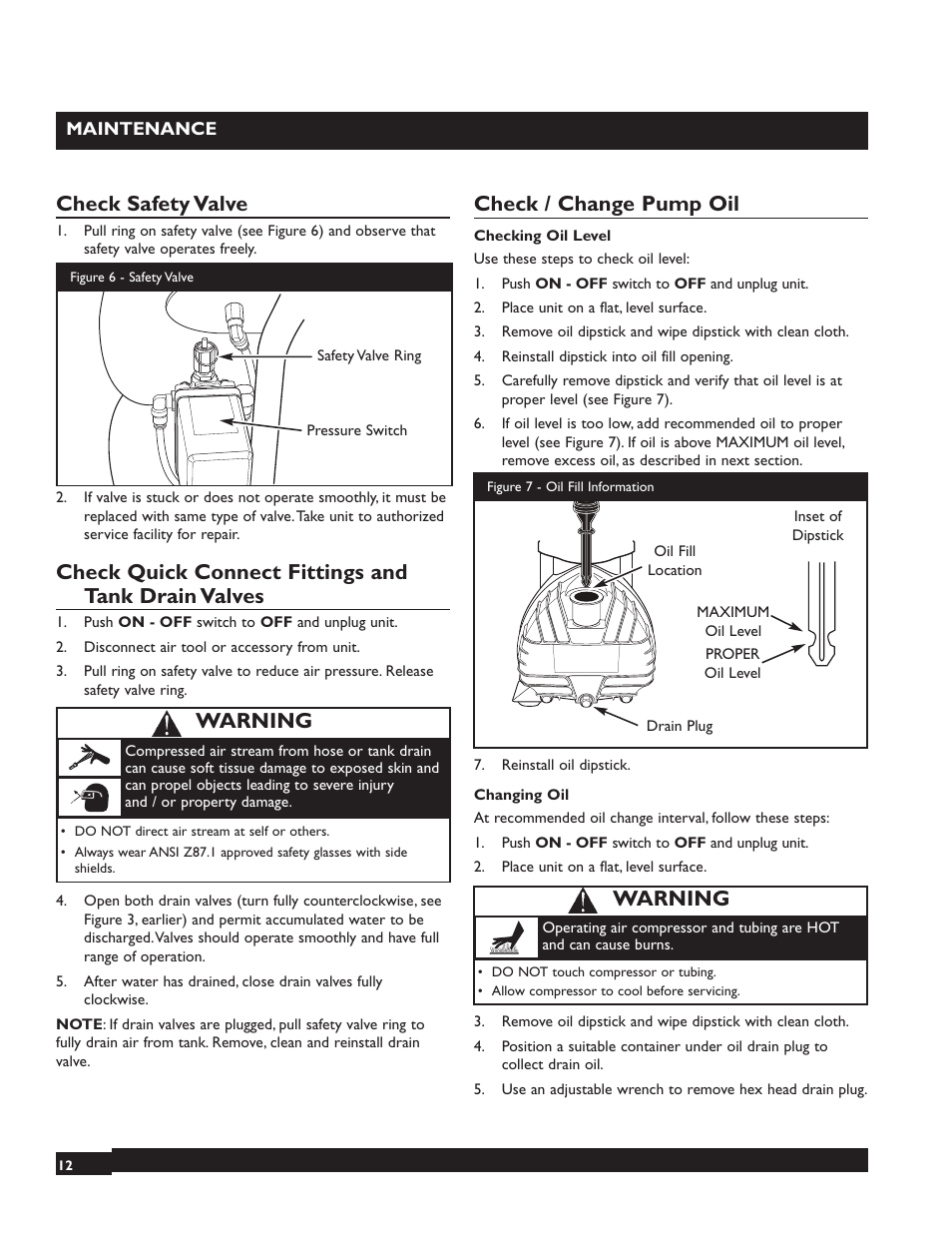 Check safety valve, Check quick connect fittings and tank drain valves, Check / change pump oil | Warning | Briggs & Stratton 074001 User Manual | Page 12 / 56