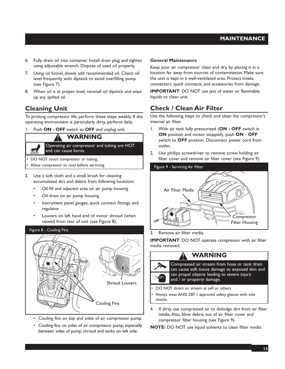 Cleaning unit, Check / clean air filter, Warning | Briggs & Stratton 074001 User Manual | Page 13 / 56