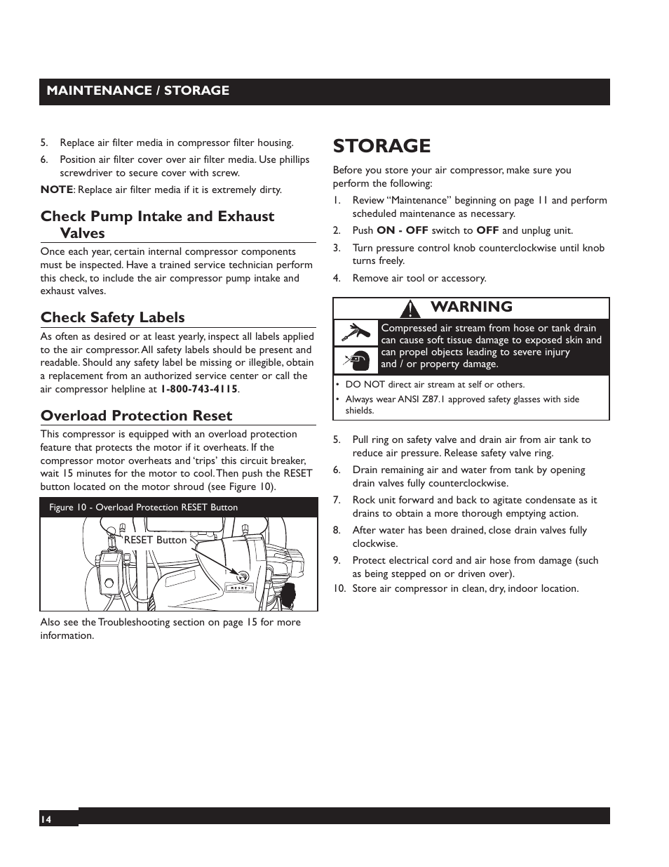 Storage, Check pump intake and exhaust valves, Check safety labels | Overload protection reset, Warning | Briggs & Stratton 074001 User Manual | Page 14 / 56
