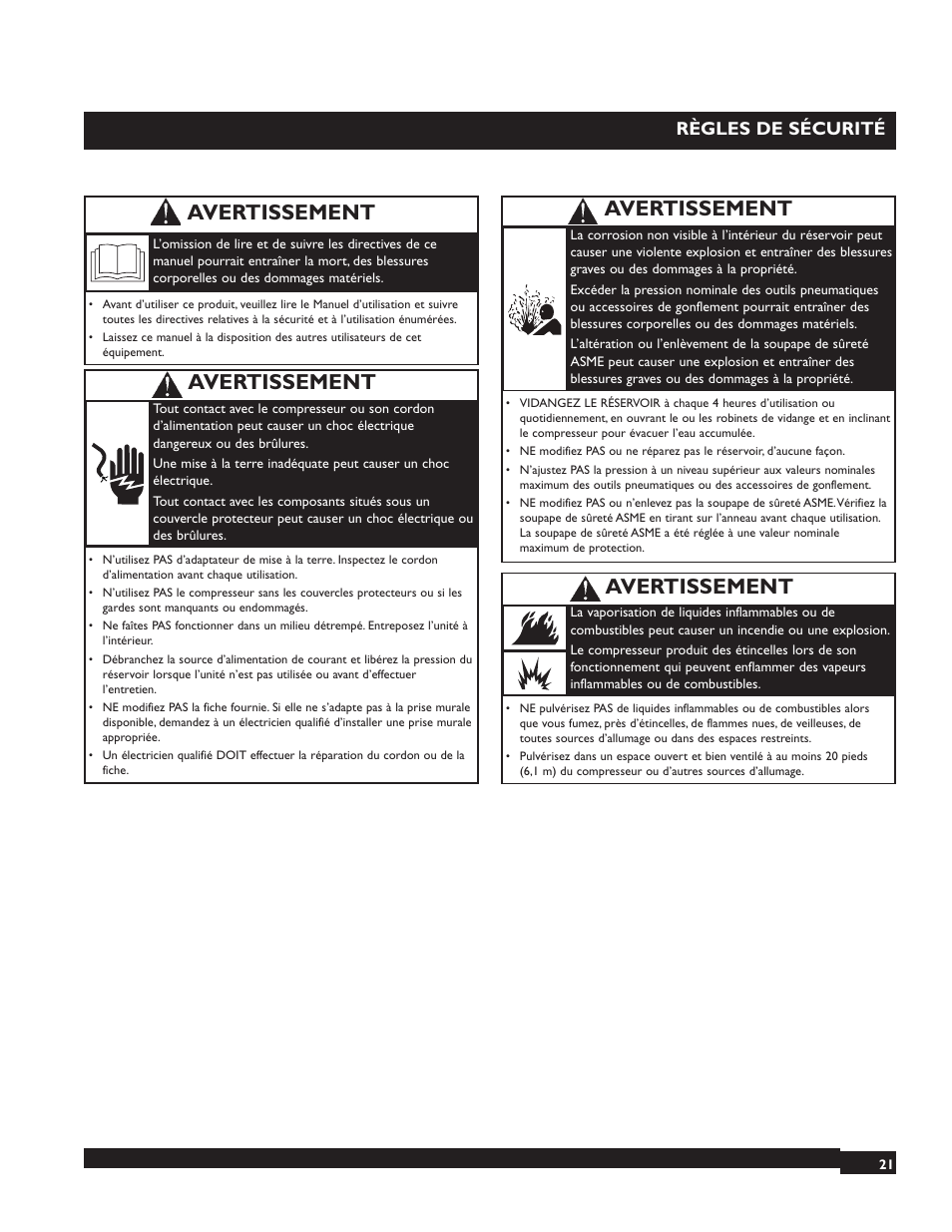 Avertissement, Règles de sécurité | Briggs & Stratton 074001 User Manual | Page 21 / 56