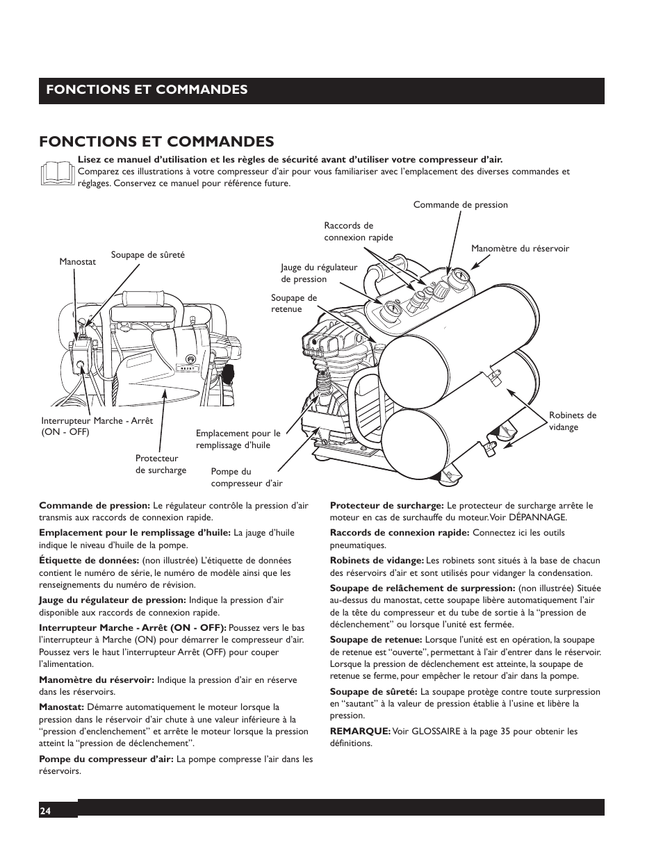 Fonctions et commandes | Briggs & Stratton 074001 User Manual | Page 24 / 56