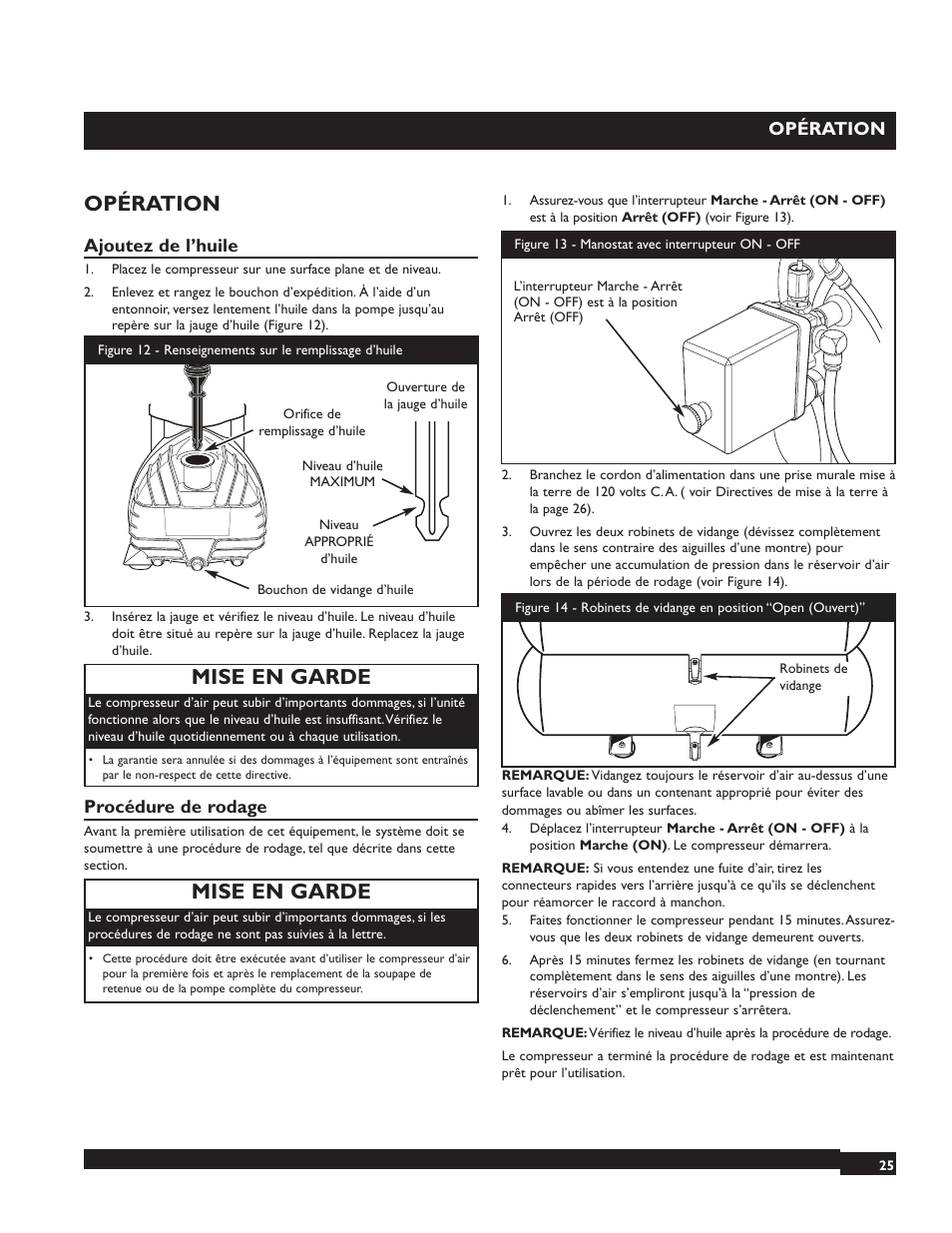 Mise en garde, Opération, Ajoutez de l’huile | Procédure de rodage | Briggs & Stratton 074001 User Manual | Page 25 / 56