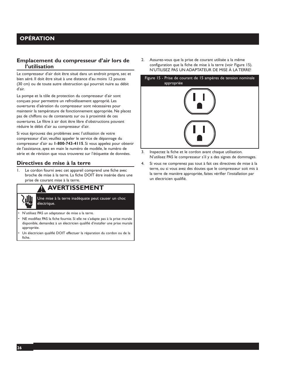 Avertissement, Opération, Directives de mise à la terre | Briggs & Stratton 074001 User Manual | Page 26 / 56