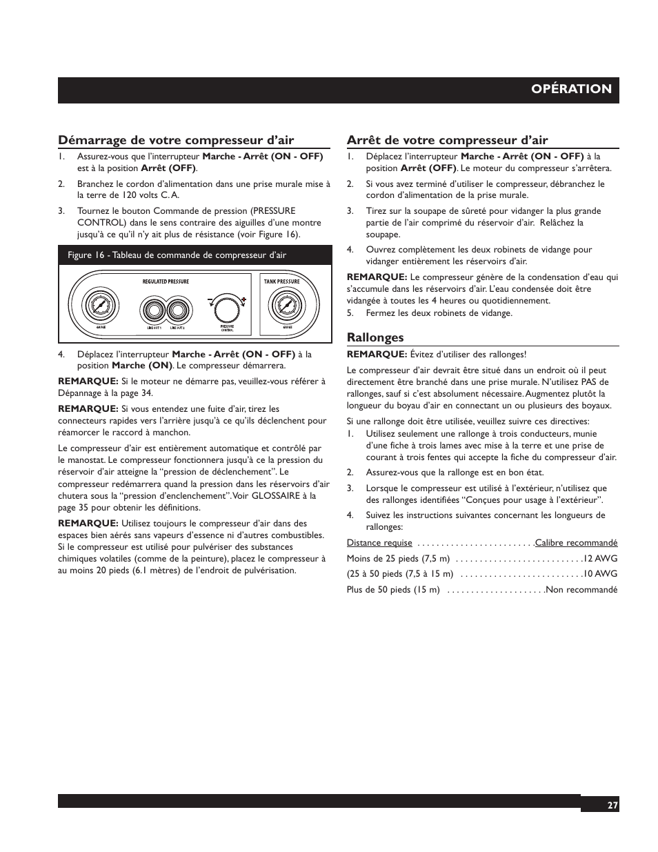 Opération, Démarrage de votre compresseur d’air, Arrêt de votre compresseur d’air | Rallonges | Briggs & Stratton 074001 User Manual | Page 27 / 56