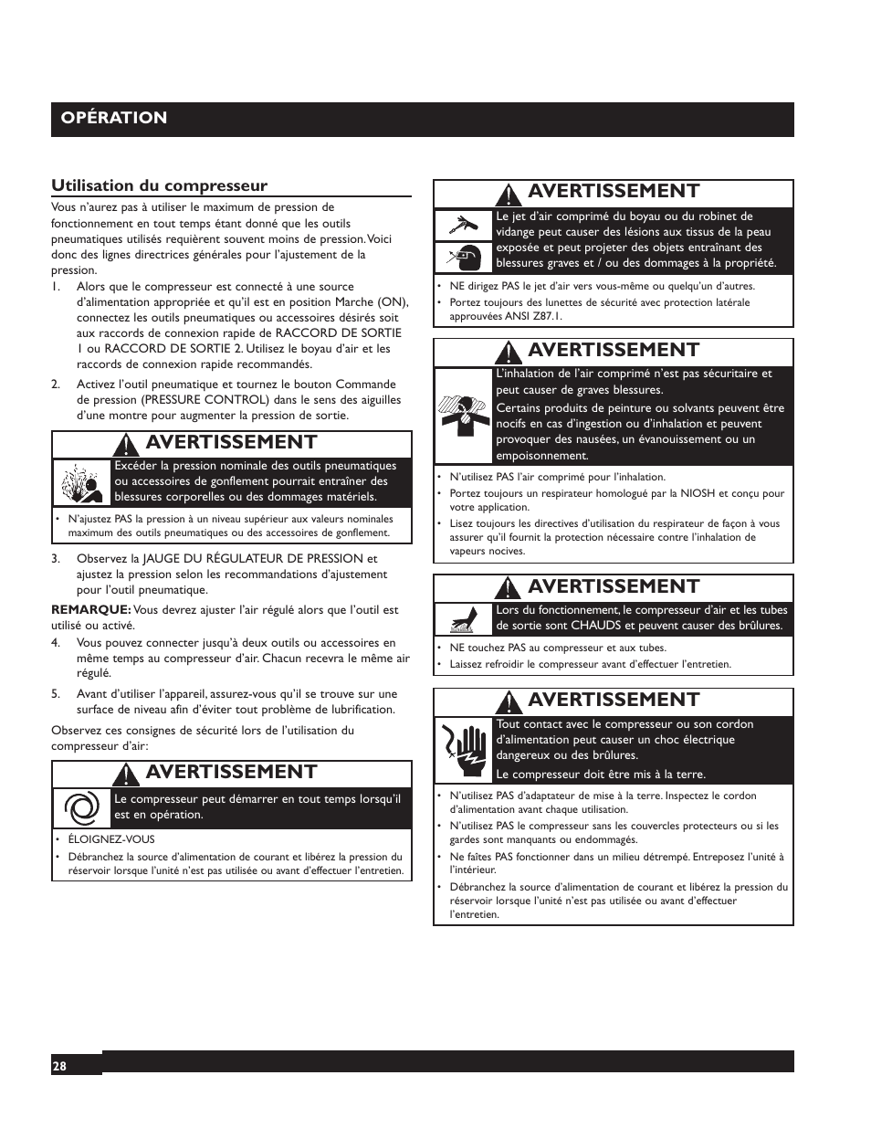 Avertissement, Opération, Utilisation du compresseur | Briggs & Stratton 074001 User Manual | Page 28 / 56