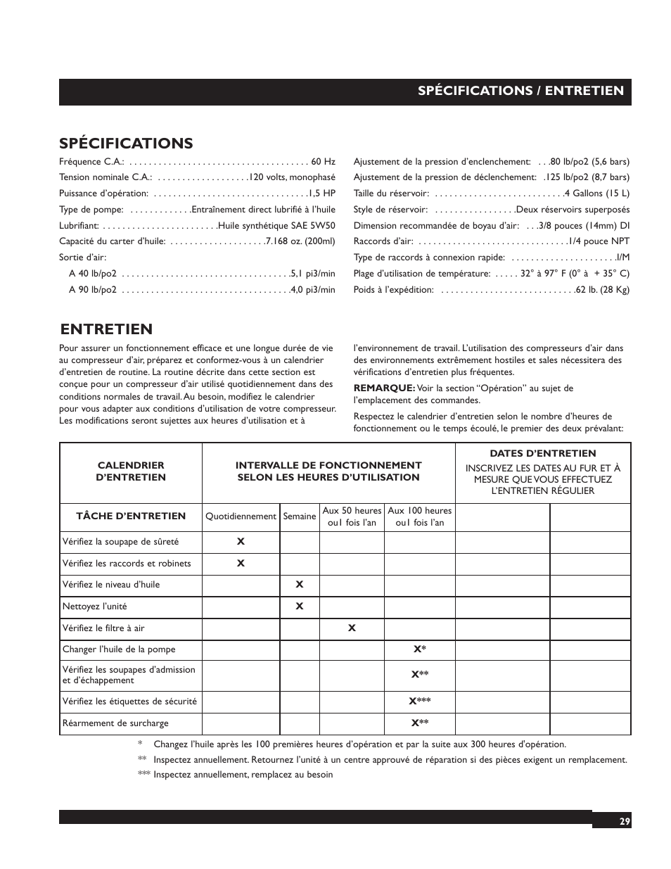 Spécifications, Entretien, Spécifications / entretien | Briggs & Stratton 074001 User Manual | Page 29 / 56