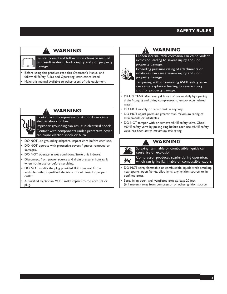 Warning | Briggs & Stratton 074001 User Manual | Page 3 / 56