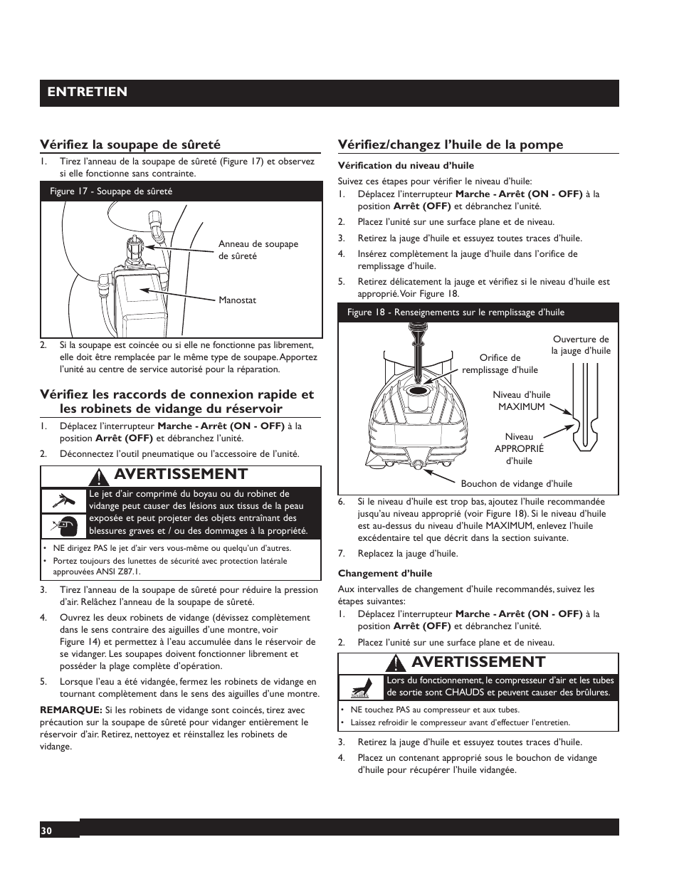 Avertissement, Entretien, Vérifiez la soupape de sûreté | Vérifiez/changez l’huile de la pompe | Briggs & Stratton 074001 User Manual | Page 30 / 56