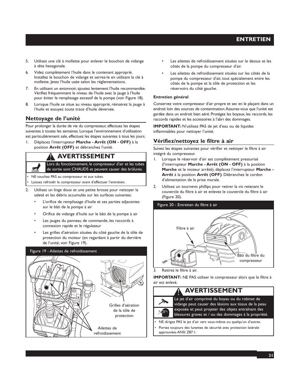 Avertissement, Entretien, Nettoyage de l’unité | Vérifiez/nettoyez le filtre à air | Briggs & Stratton 074001 User Manual | Page 31 / 56