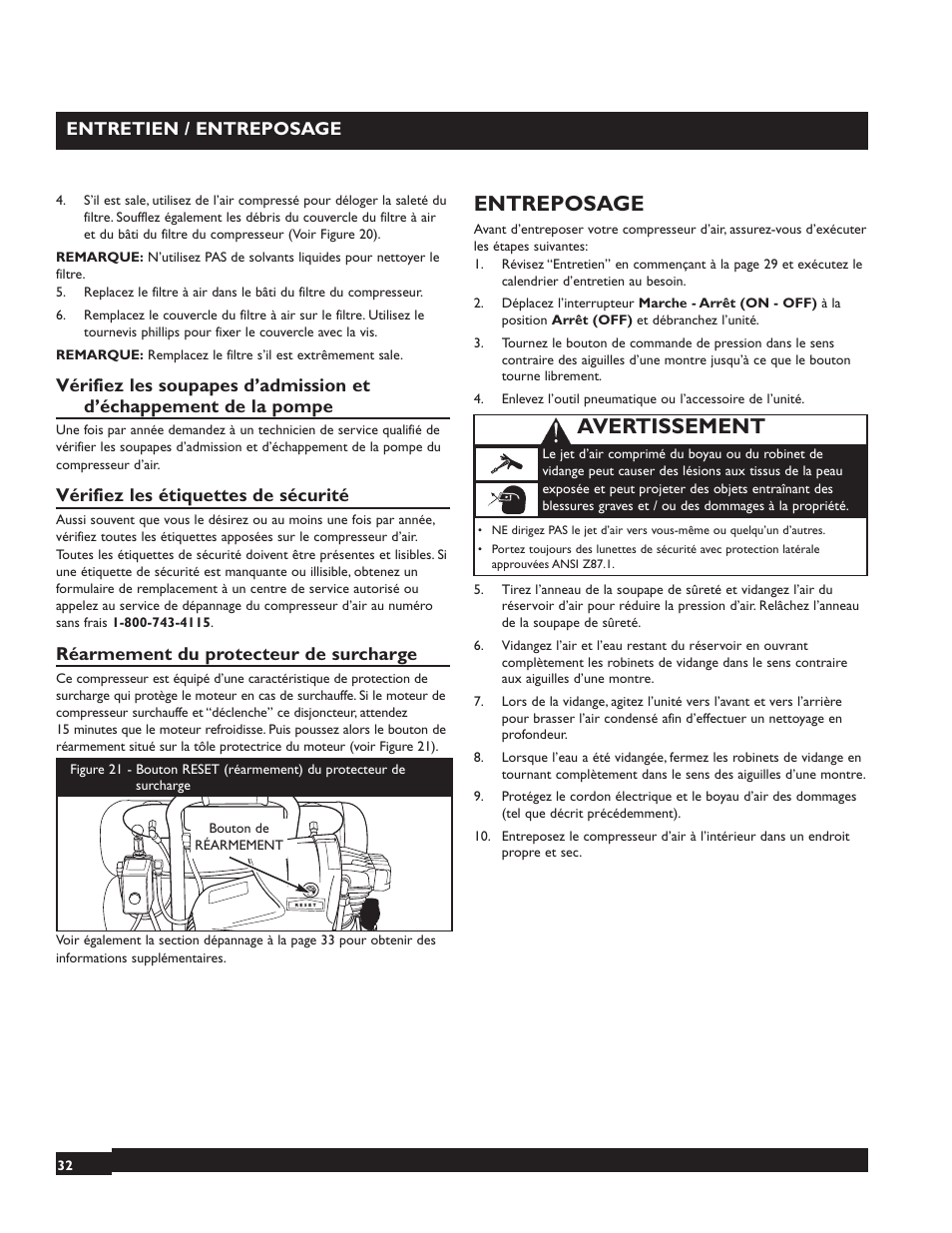 Entreposage, Avertissement | Briggs & Stratton 074001 User Manual | Page 32 / 56