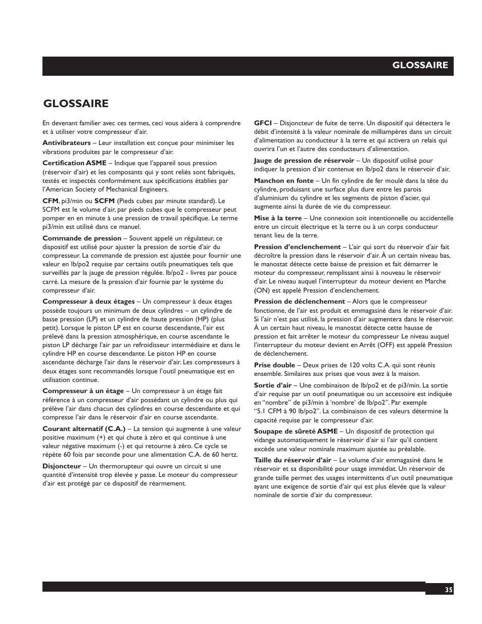 Glossaire | Briggs & Stratton 074001 User Manual | Page 35 / 56