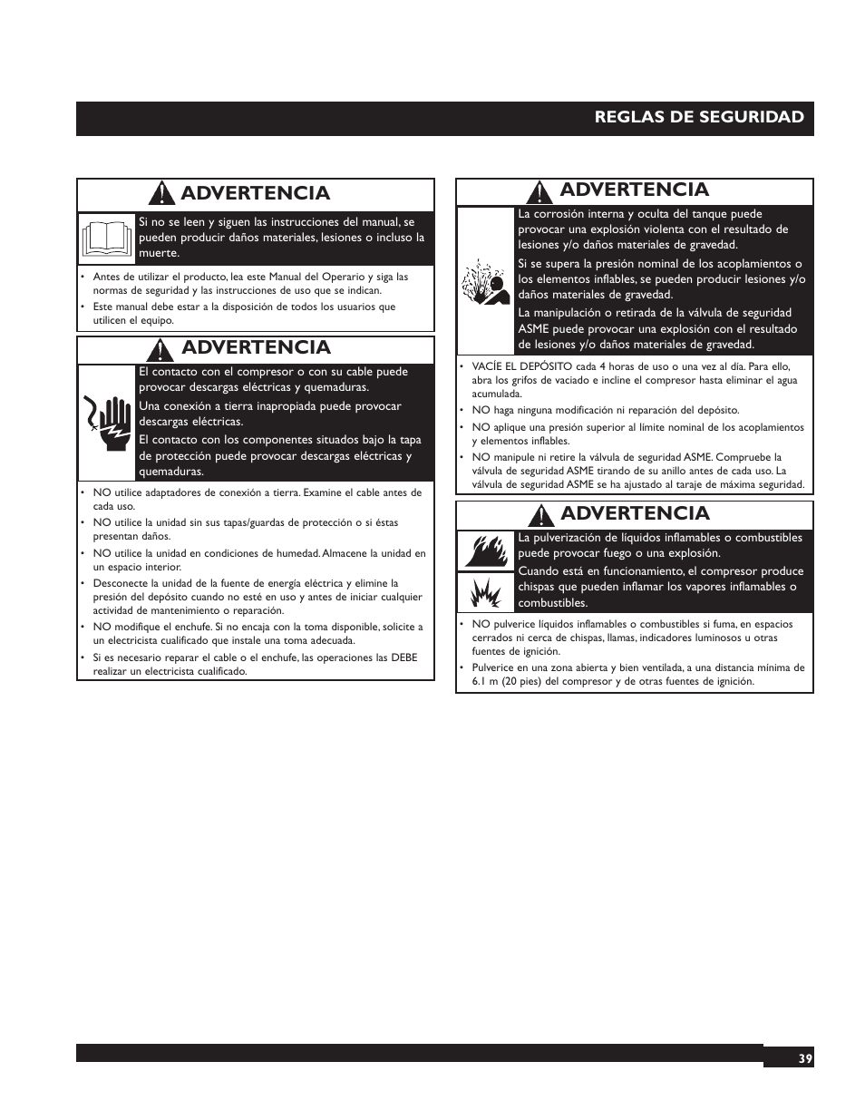 Advertencia, Reglas de seguridad | Briggs & Stratton 074001 User Manual | Page 39 / 56