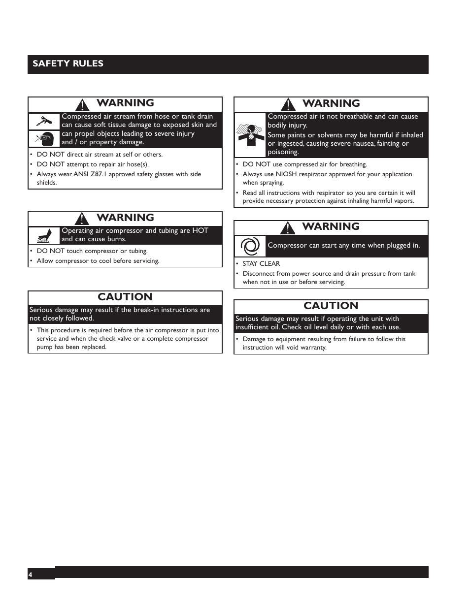 Caution, Warning | Briggs & Stratton 074001 User Manual | Page 4 / 56