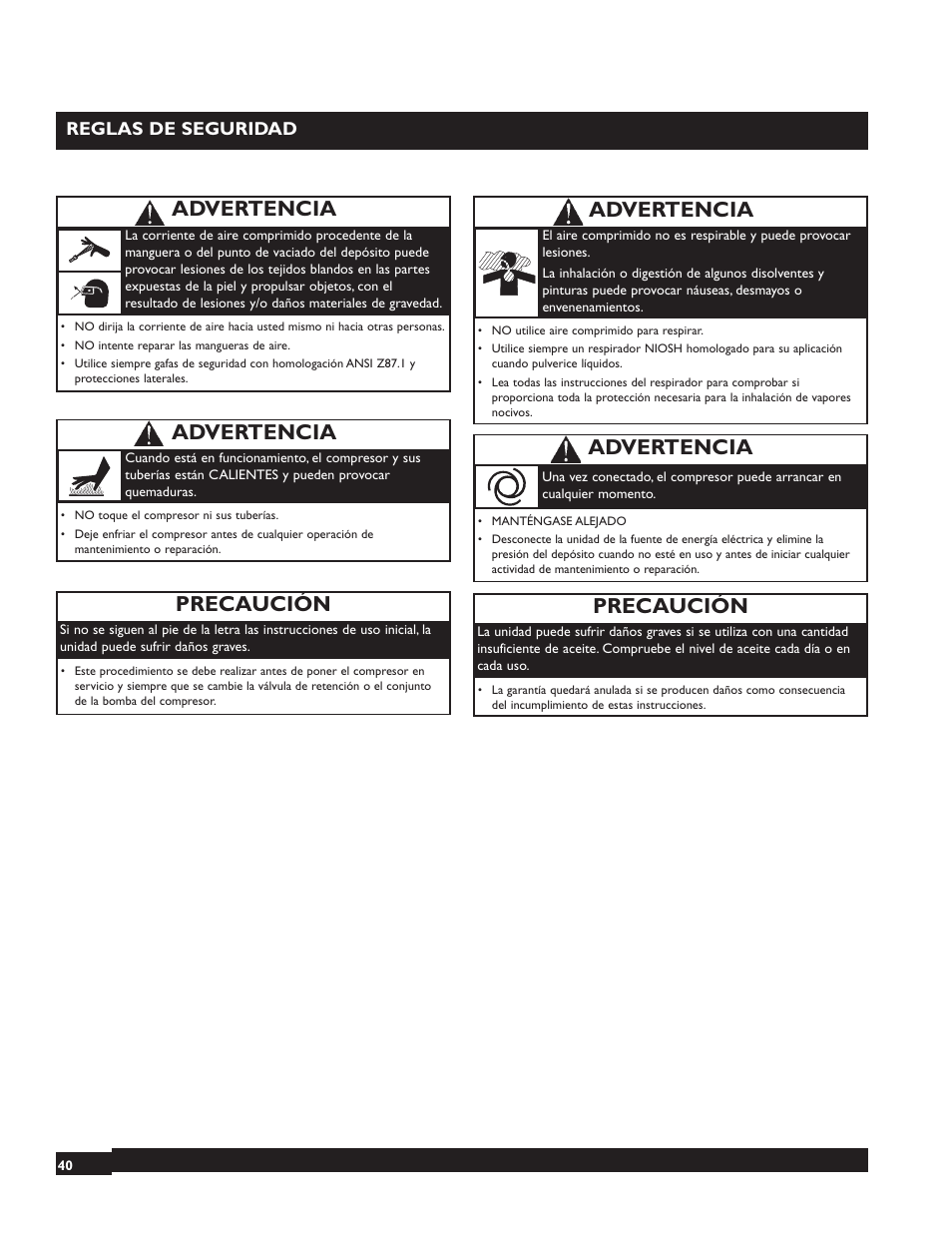 Precaución, Advertencia, Reglas de seguridad | Briggs & Stratton 074001 User Manual | Page 40 / 56