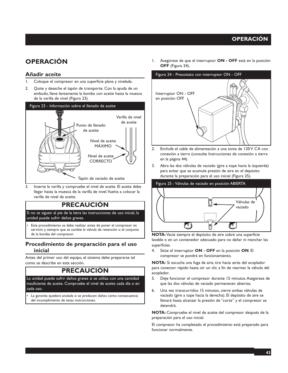 Operación, Precaución | Briggs & Stratton 074001 User Manual | Page 43 / 56