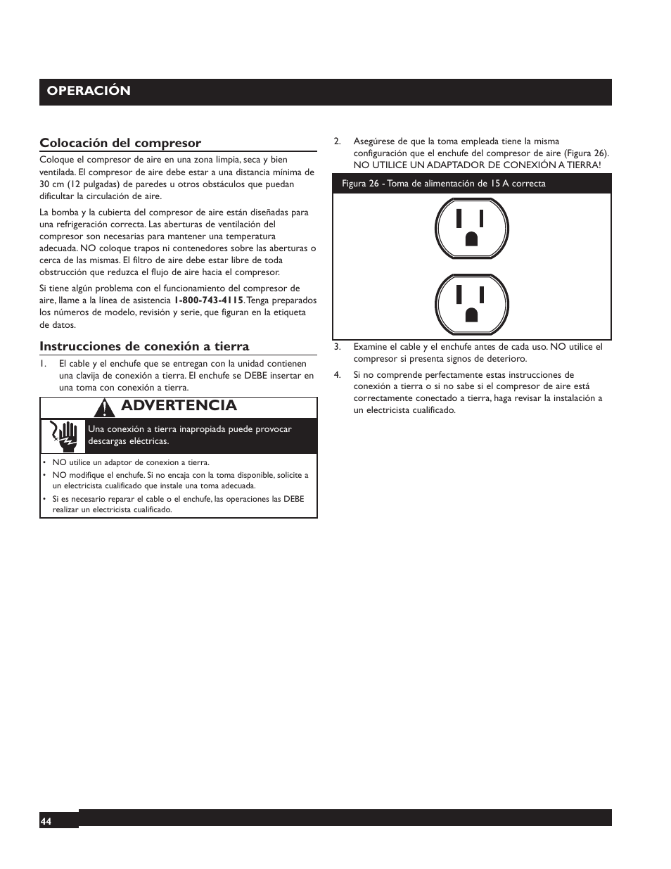 Advertencia, Operación, Colocación del compresor | Instrucciones de conexión a tierra | Briggs & Stratton 074001 User Manual | Page 44 / 56
