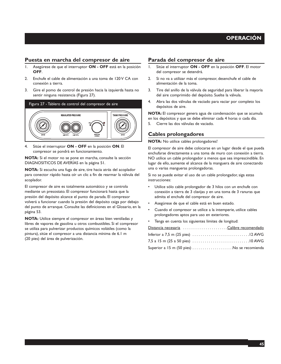 Operación, Puesta en marcha del compresor de aire, Parada del compresor de aire | Cables prolongadores | Briggs & Stratton 074001 User Manual | Page 45 / 56