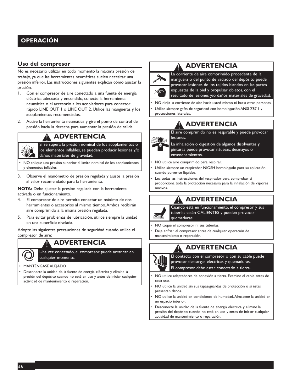 Advertencia, Operación, Uso del compresor | Briggs & Stratton 074001 User Manual | Page 46 / 56