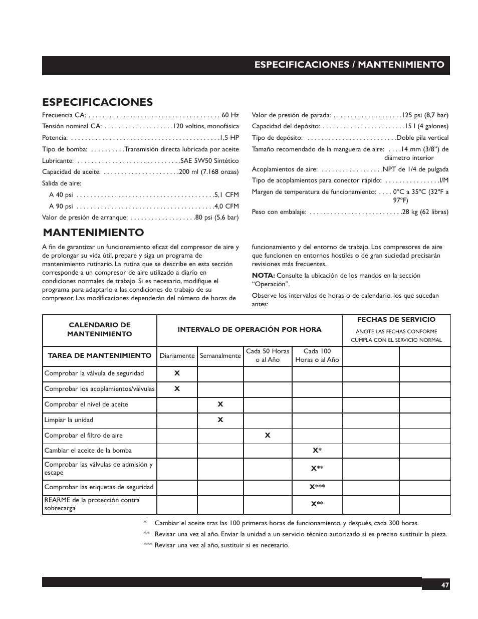 Especificaciones, Mantenimiento, Especificaciones / mantenimiento | Briggs & Stratton 074001 User Manual | Page 47 / 56