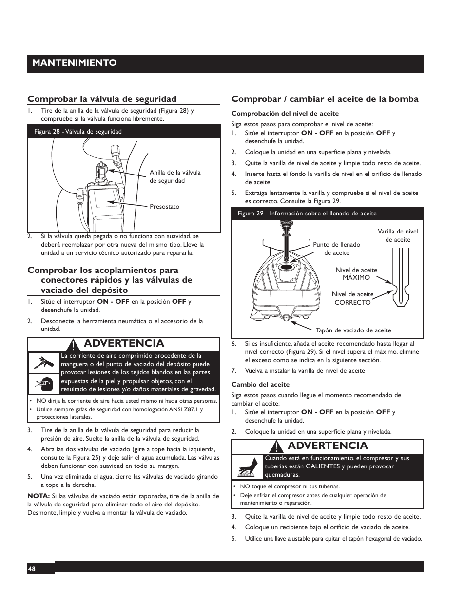 Advertencia, Mantenimiento, Comprobar la válvula de seguridad | Comprobar / cambiar el aceite de la bomba | Briggs & Stratton 074001 User Manual | Page 48 / 56