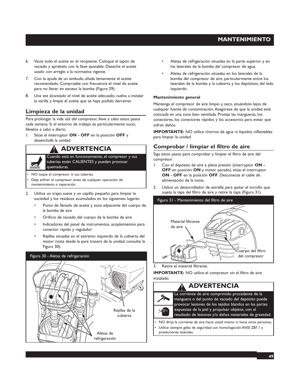 Advertencia, Mantenimiento, Limpieza de la unidad | Comprobar / limpiar el filtro de aire | Briggs & Stratton 074001 User Manual | Page 49 / 56