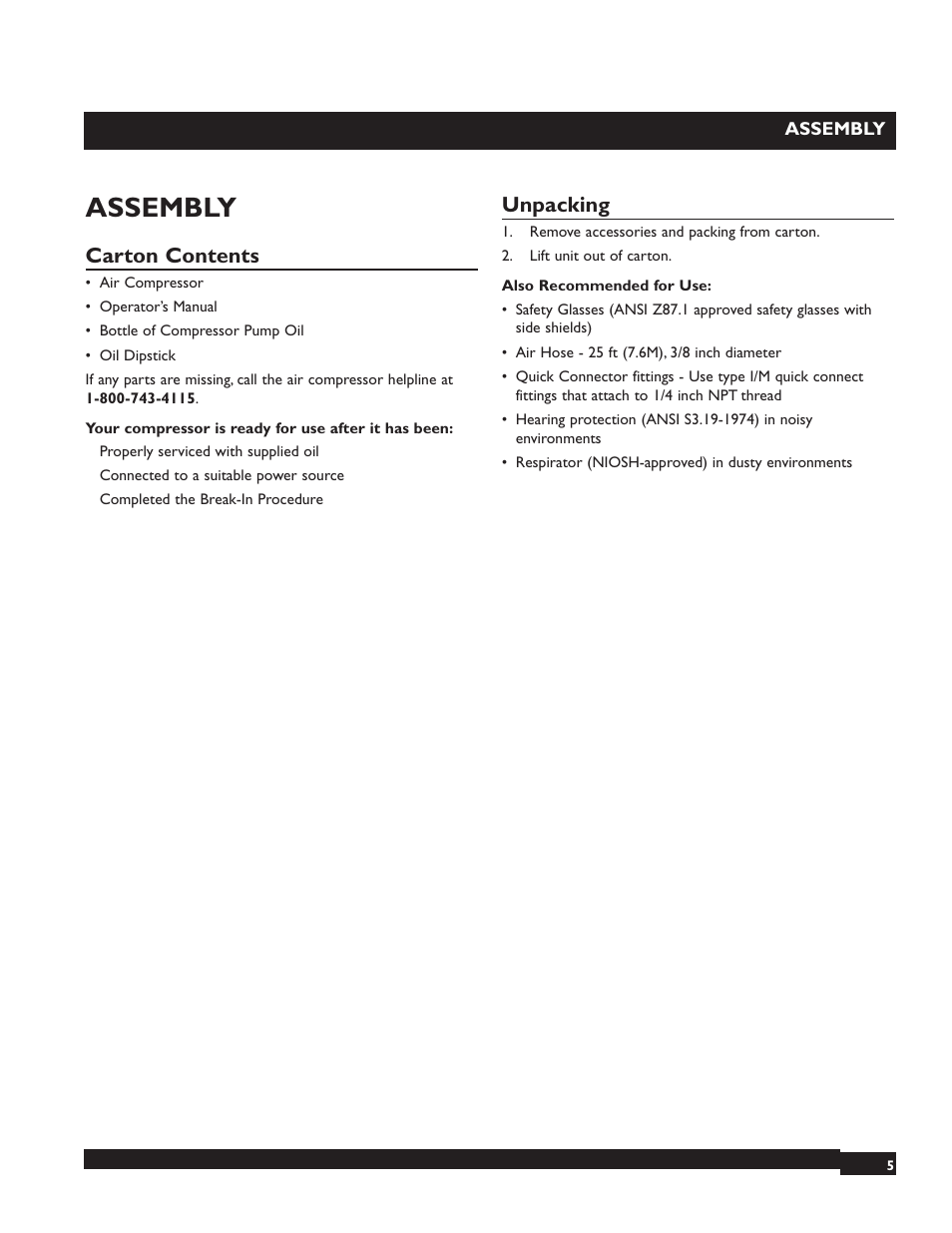 Assembly, Carton contents, Unpacking | Briggs & Stratton 074001 User Manual | Page 5 / 56