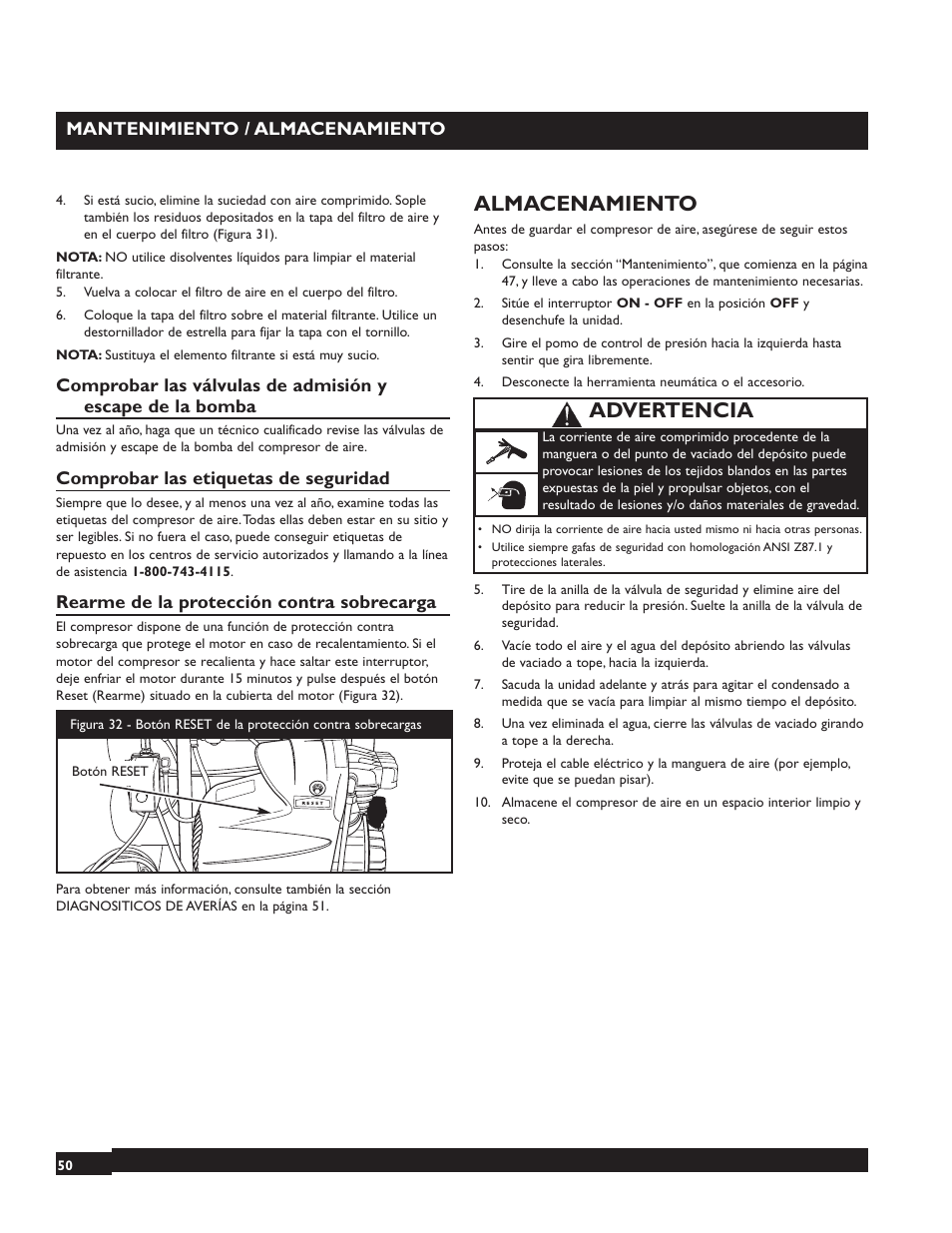Almacenamiento, Advertencia | Briggs & Stratton 074001 User Manual | Page 50 / 56