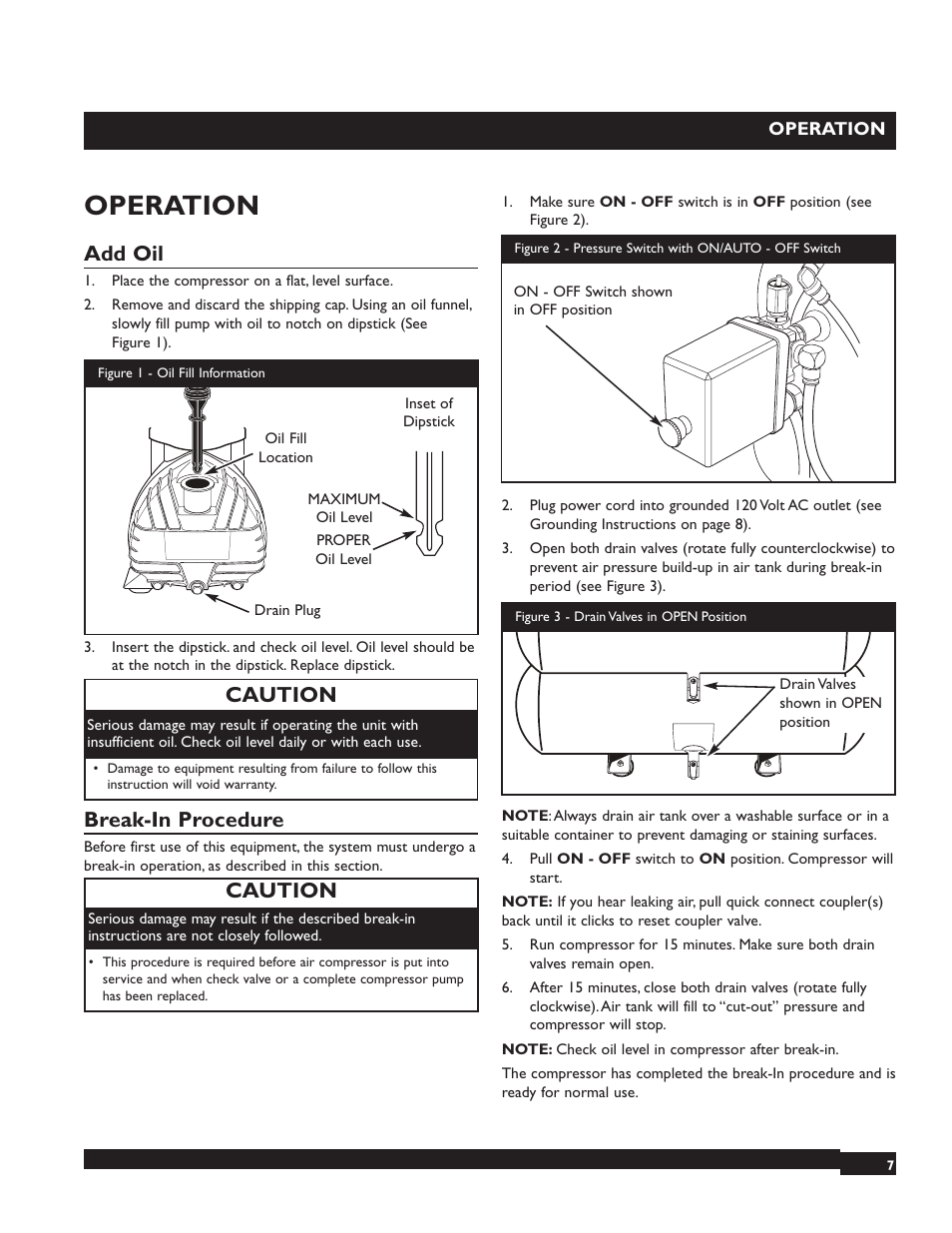 Operation, Add oil, Break-in procedure | Caution | Briggs & Stratton 074001 User Manual | Page 7 / 56