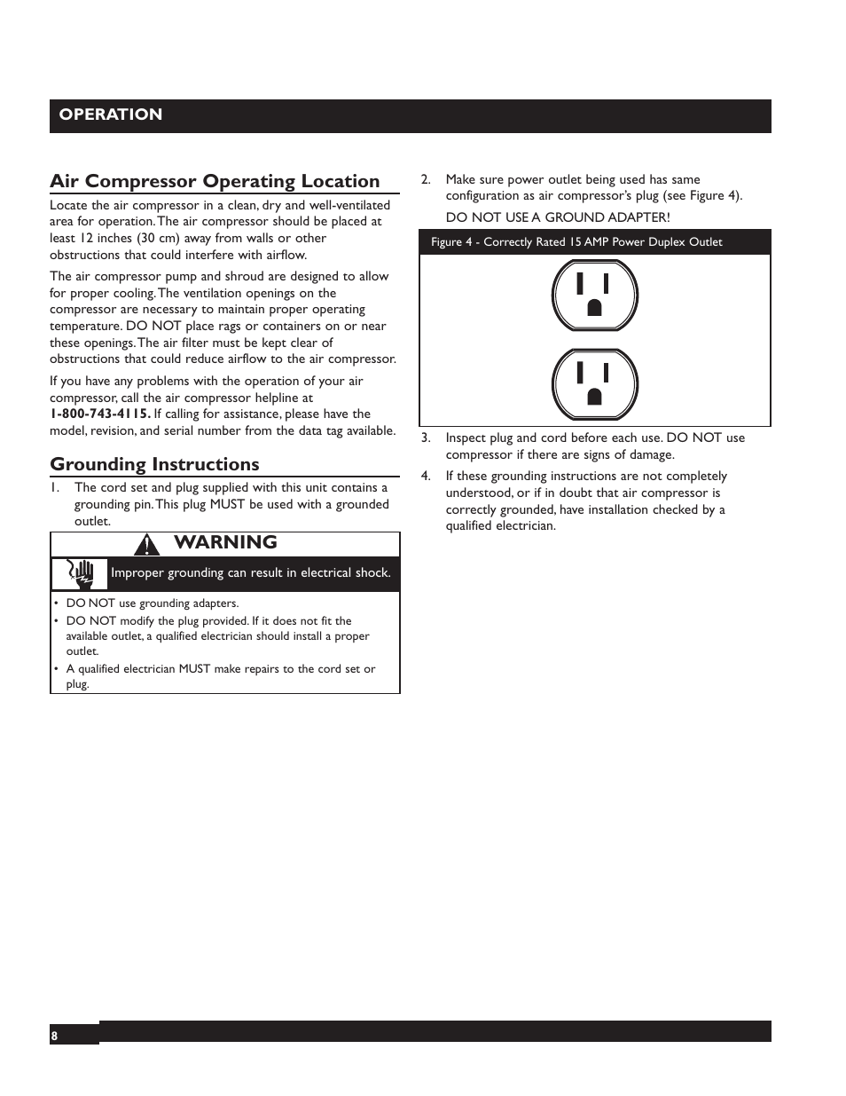 Air compressor operating location, Grounding instructions, Warning | Briggs & Stratton 074001 User Manual | Page 8 / 56