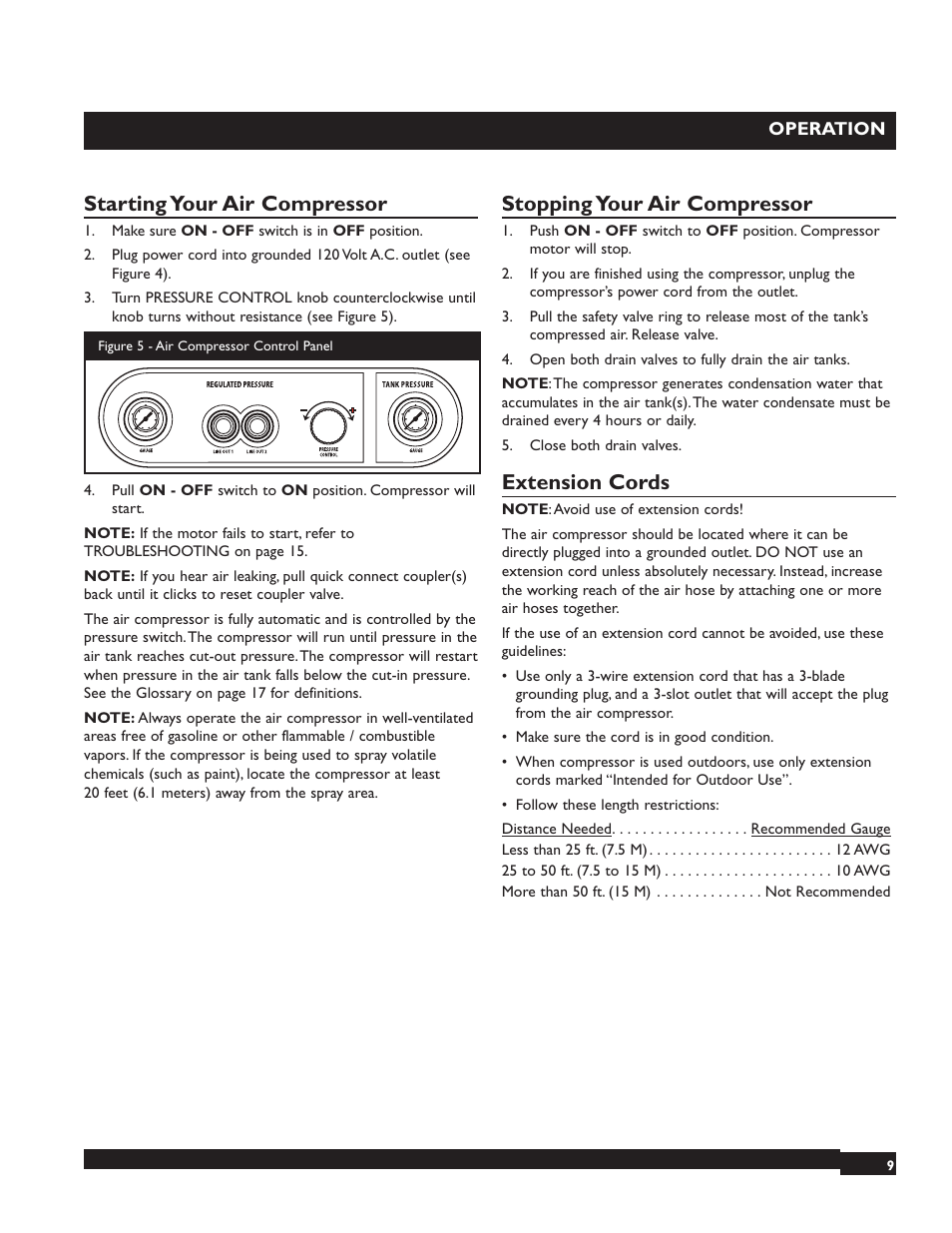 Starting your air compressor, Stopping your air compressor, Extension cords | Briggs & Stratton 074001 User Manual | Page 9 / 56