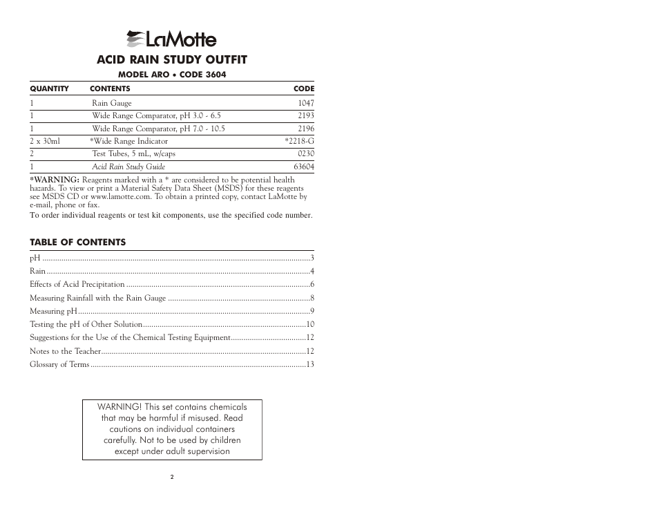 Acid rain study out fit | LaMotte ACID RAIN STUDY OUTFIT ARO User Manual | Page 2 / 8