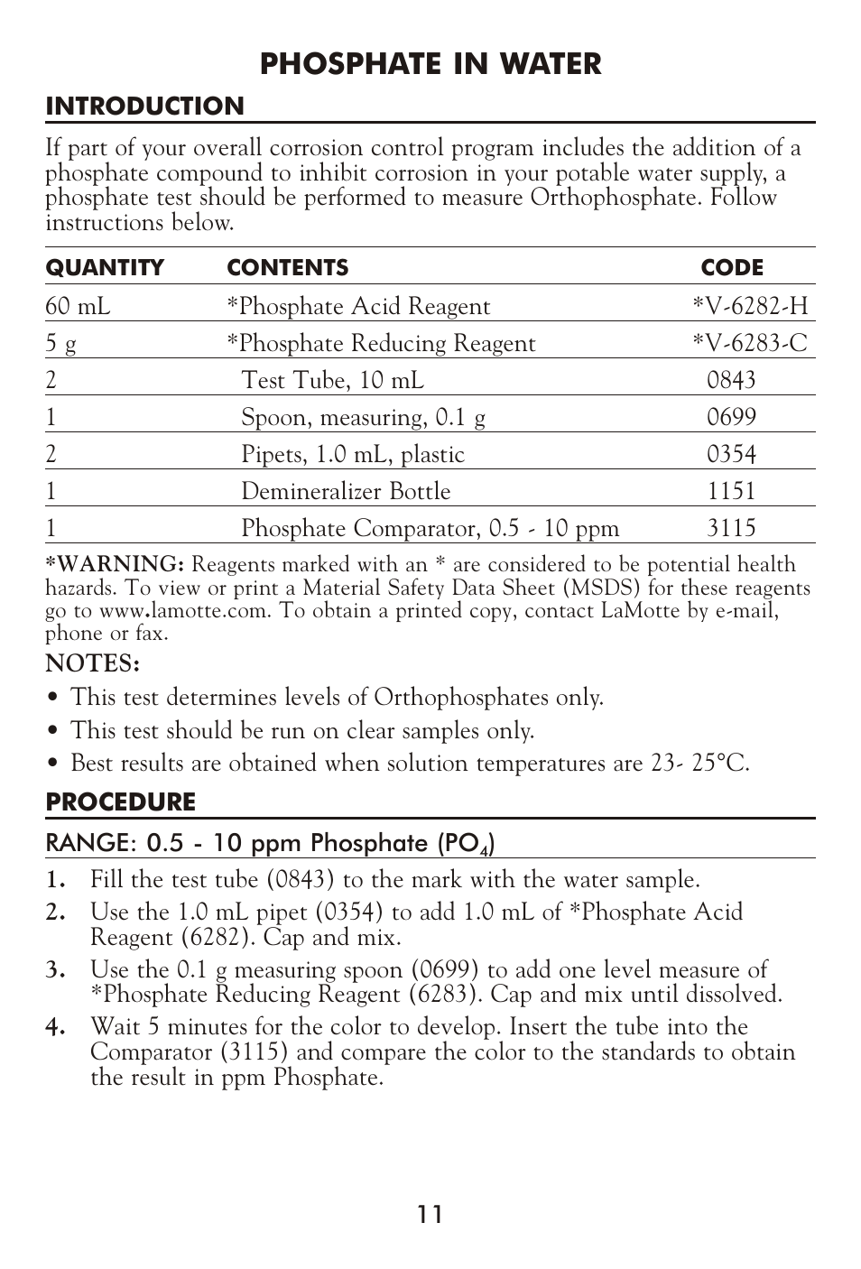 Phos phate in wa ter | LaMotte CORROSION CONTROL Test Kit User Manual | Page 11 / 16