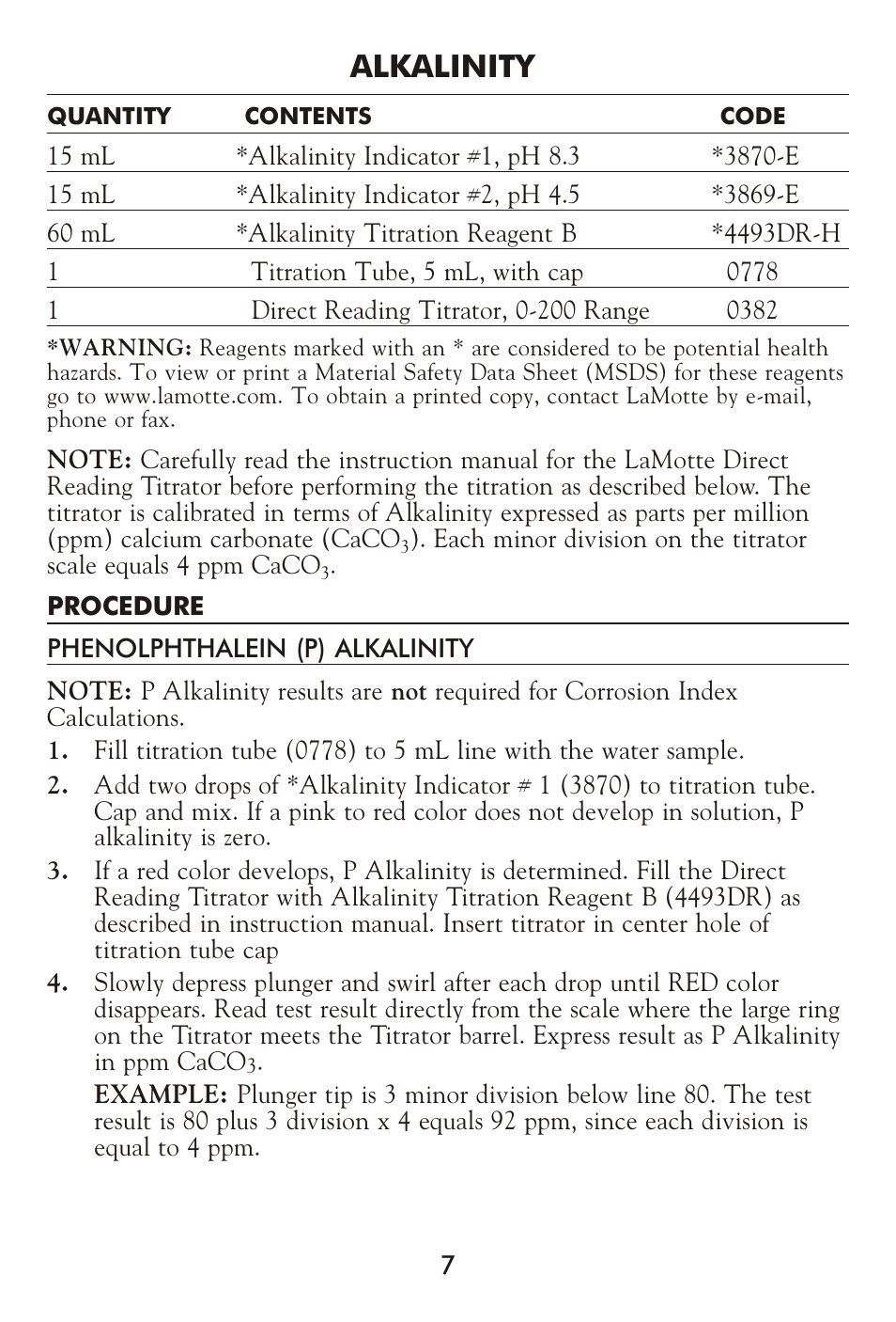 Al ka lin ity | LaMotte CORROSION CONTROL Test Kit User Manual | Page 7 / 16