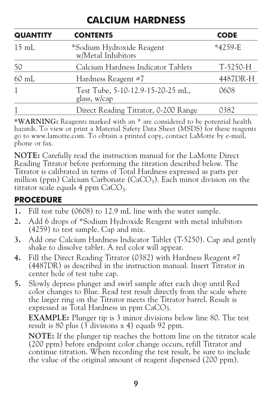 Cal cium hard ness | LaMotte CORROSION CONTROL Test Kit User Manual | Page 9 / 16