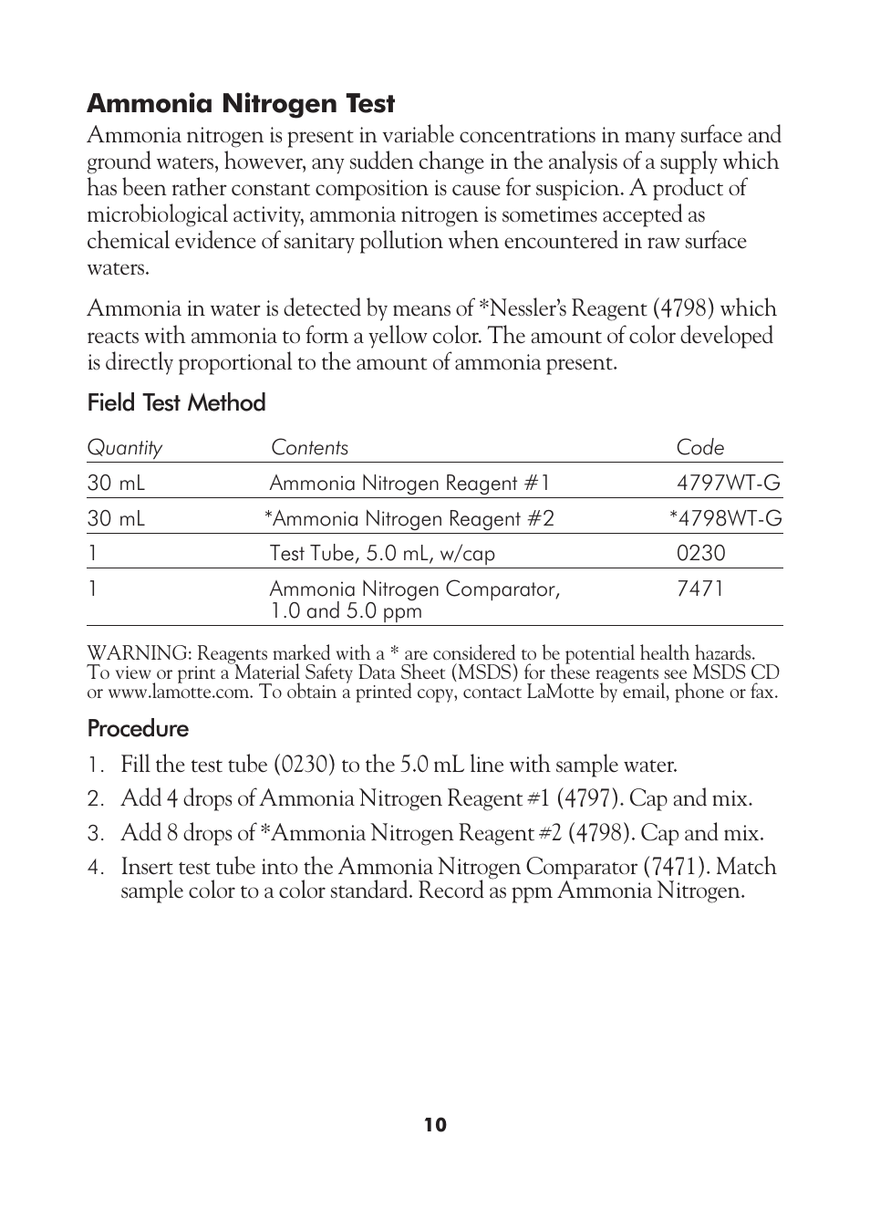Ammonia nitrogen test | LaMotte AM-21 Water Pollution Detection Outfit User Manual | Page 10 / 51