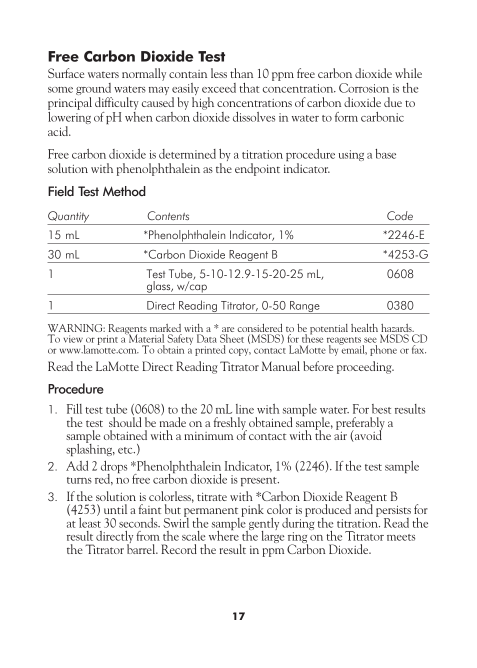 Free carbon dioxide test | LaMotte AM-21 Water Pollution Detection Outfit User Manual | Page 17 / 51