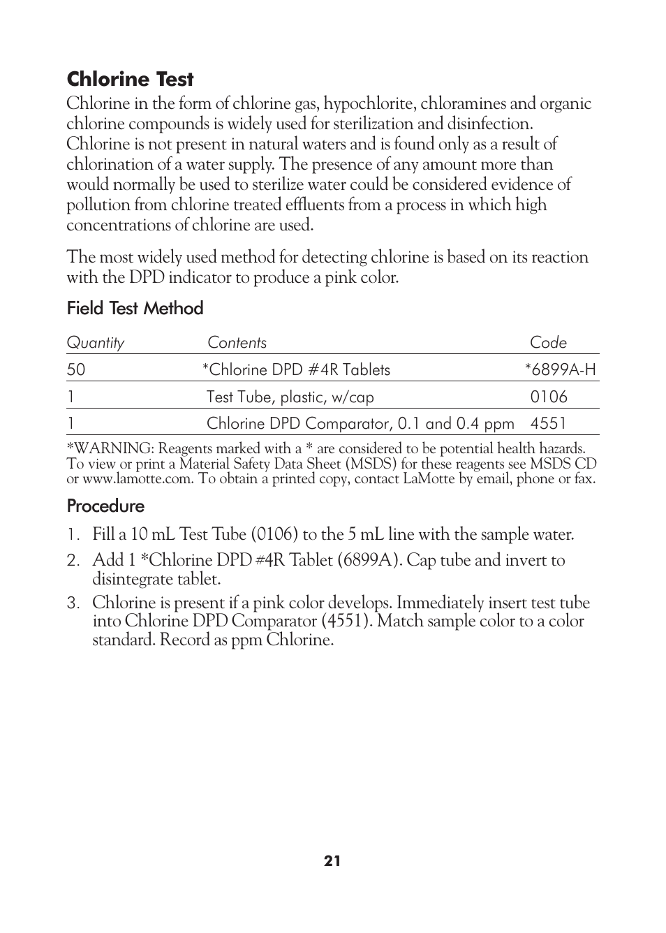 Chlorine test | LaMotte AM-21 Water Pollution Detection Outfit User Manual | Page 21 / 51