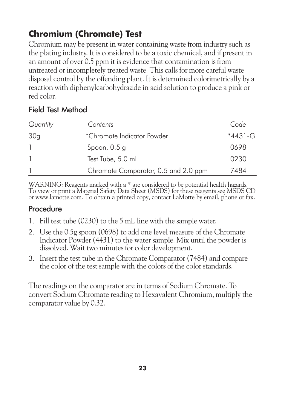 Chromium (chromate) test | LaMotte AM-21 Water Pollution Detection Outfit User Manual | Page 23 / 51