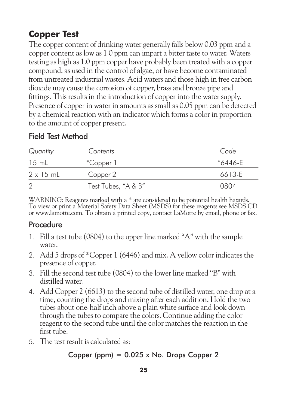 Copper test | LaMotte AM-21 Water Pollution Detection Outfit User Manual | Page 25 / 51