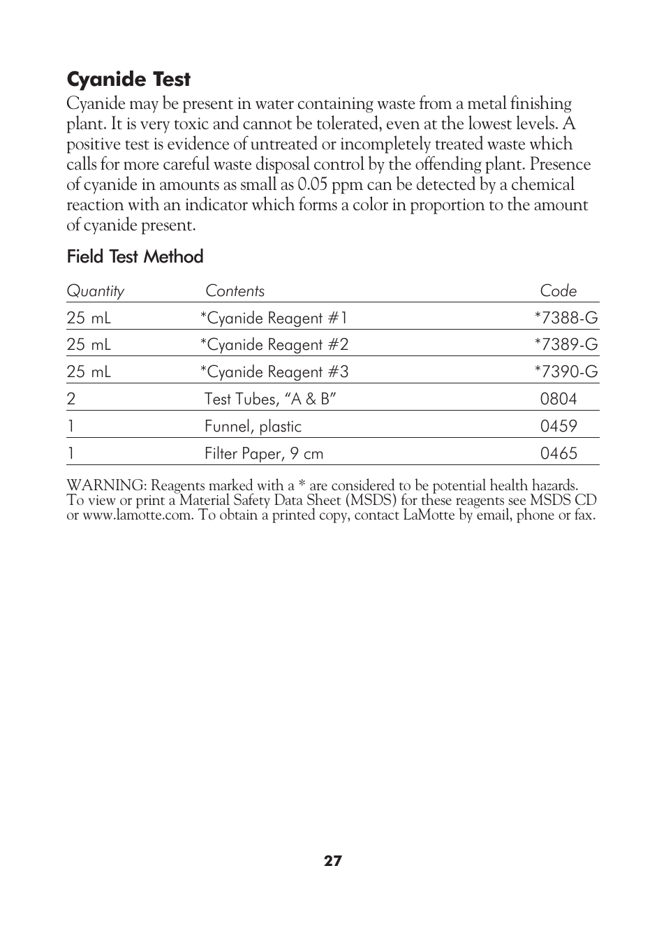 Cyanide test | LaMotte AM-21 Water Pollution Detection Outfit User Manual | Page 27 / 51