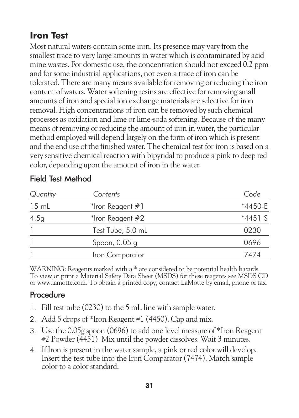 Iron test | LaMotte AM-21 Water Pollution Detection Outfit User Manual | Page 31 / 51