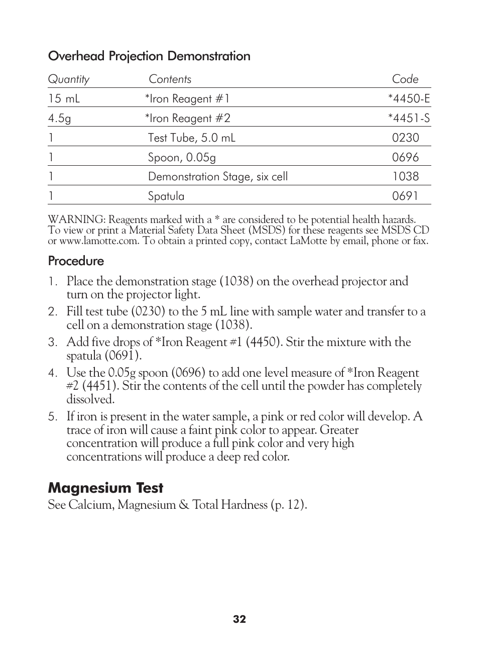 Magnesium test | LaMotte AM-21 Water Pollution Detection Outfit User Manual | Page 32 / 51