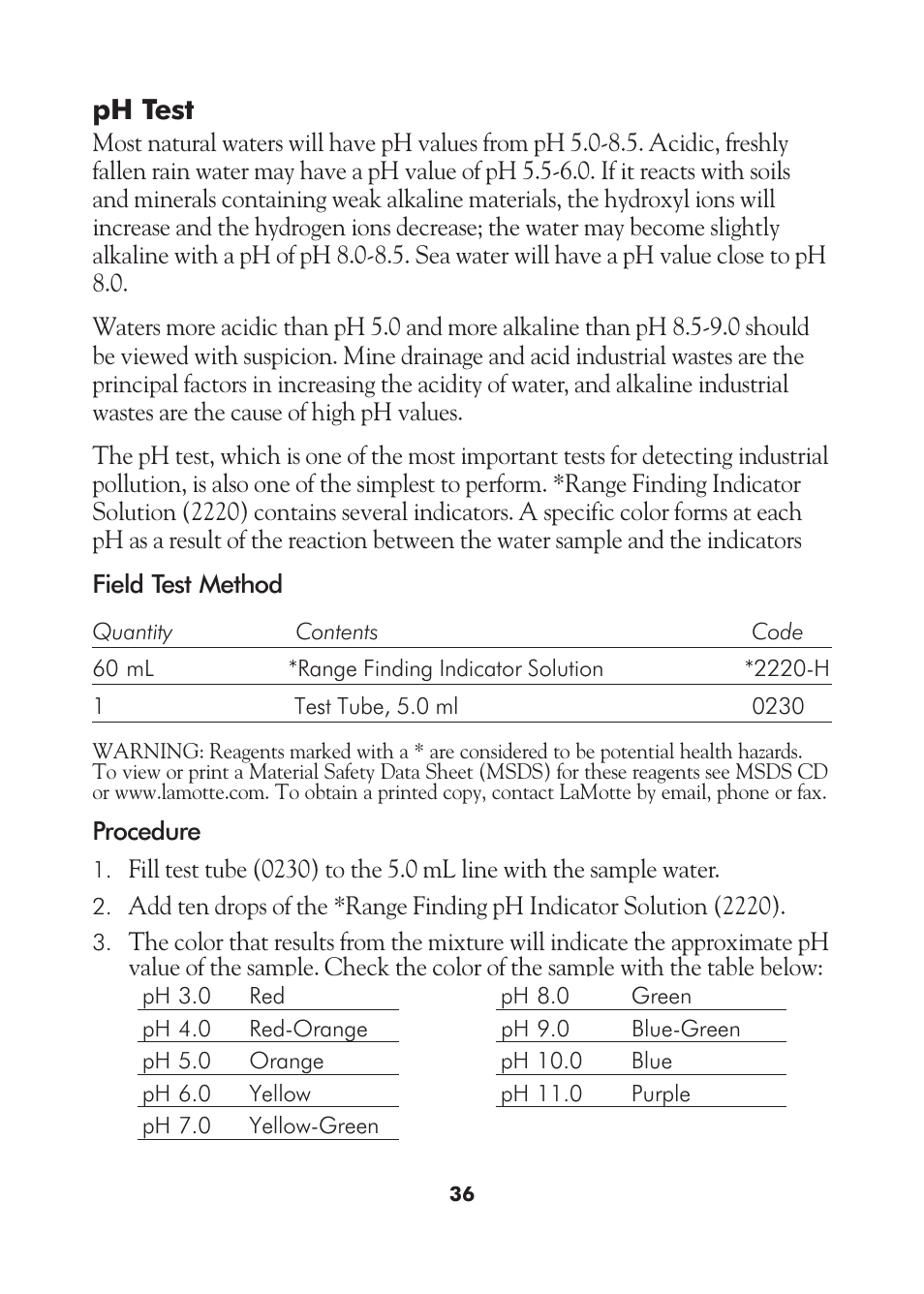 Ph test | LaMotte AM-21 Water Pollution Detection Outfit User Manual | Page 36 / 51