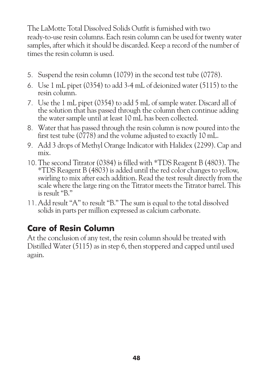 Care of resin column | LaMotte AM-21 Water Pollution Detection Outfit User Manual | Page 48 / 51